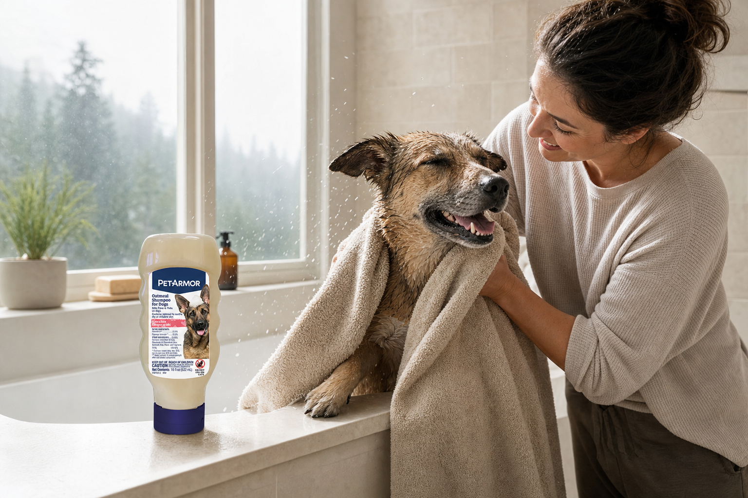 Woman gently towel-drying a happy wet dog by a bathtub, PetArmor® oatmeal shampoo bottle on the tub edge, misty morning l