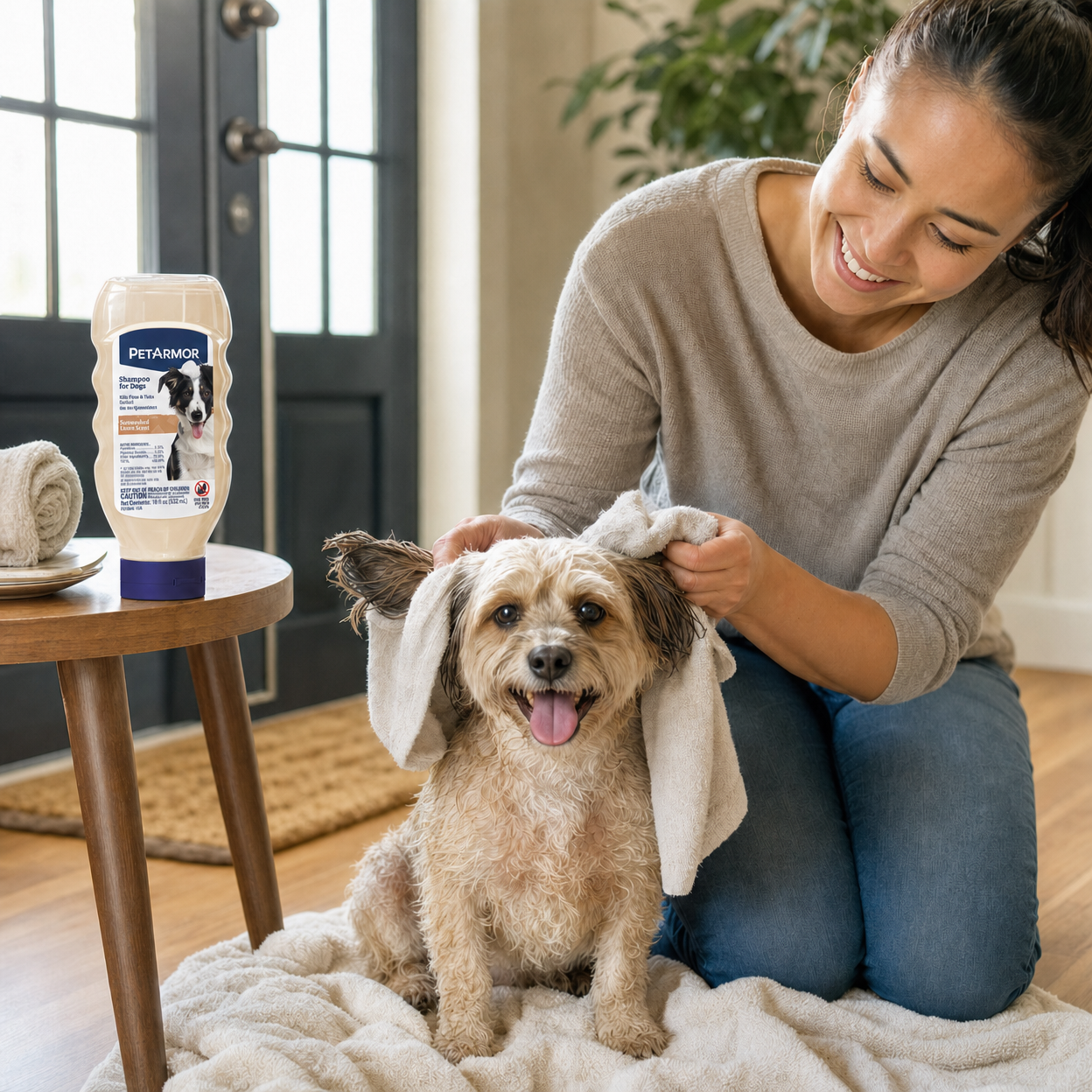 Smiling woman kneels to towel-dry a happy small dog's ears on a plush towel in a sunny entryway, shampoo bottle on side