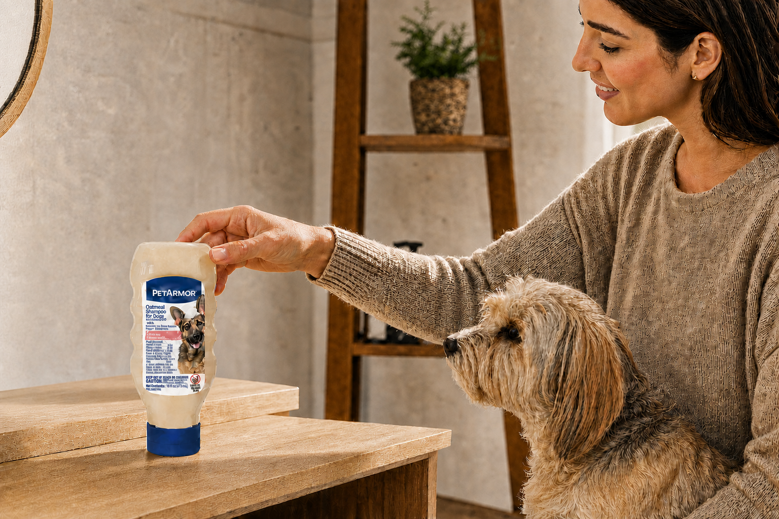 Woman reaches for one of two PetArmor® shampoo bottles on a bathroom counter while her small dog waits beside her
