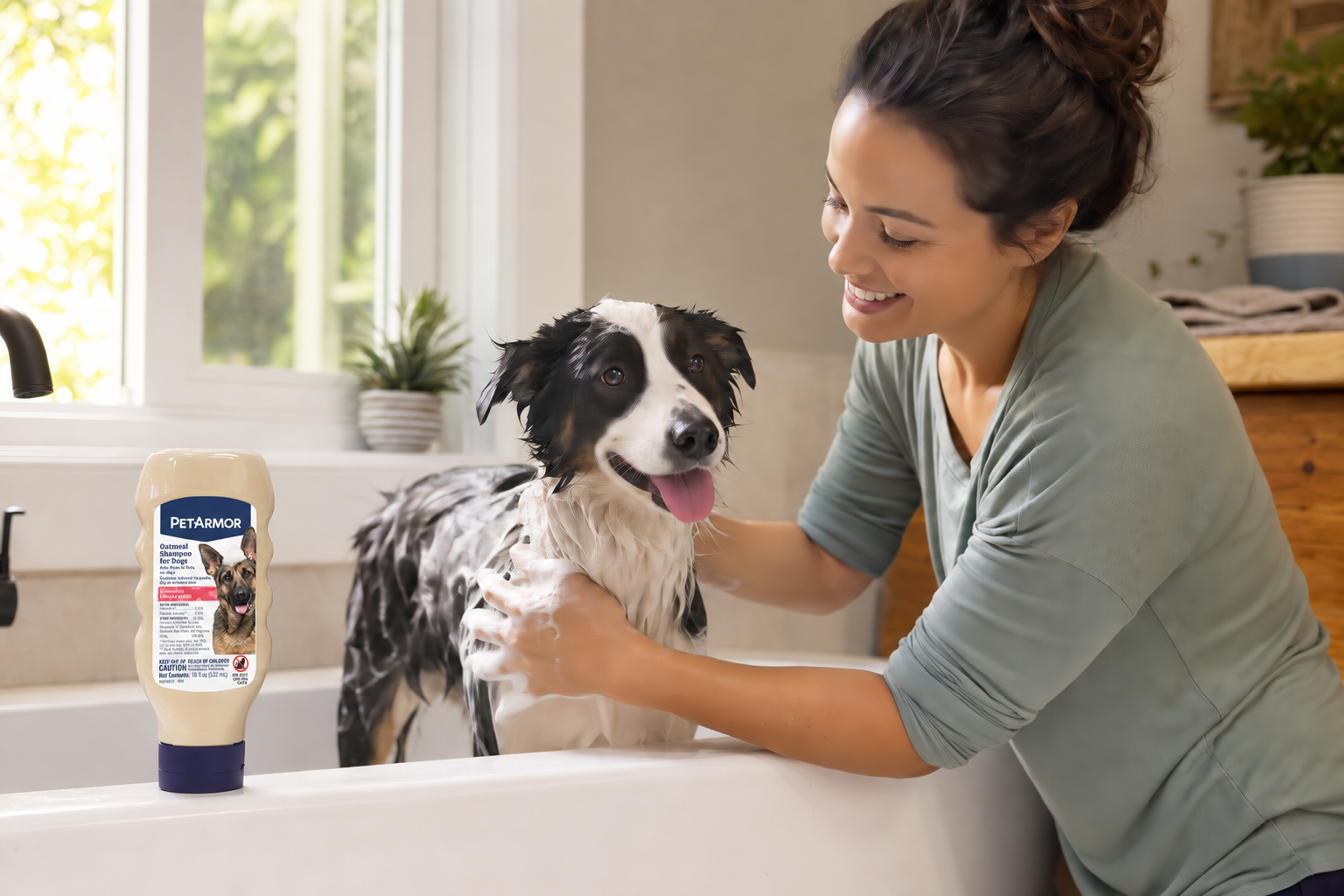 A smiling woman bathes a wet black-and-white dog in a bright bathroom beside a bottle labeled “PETARMOR® Oatmeal Shampoo for Dogs.”