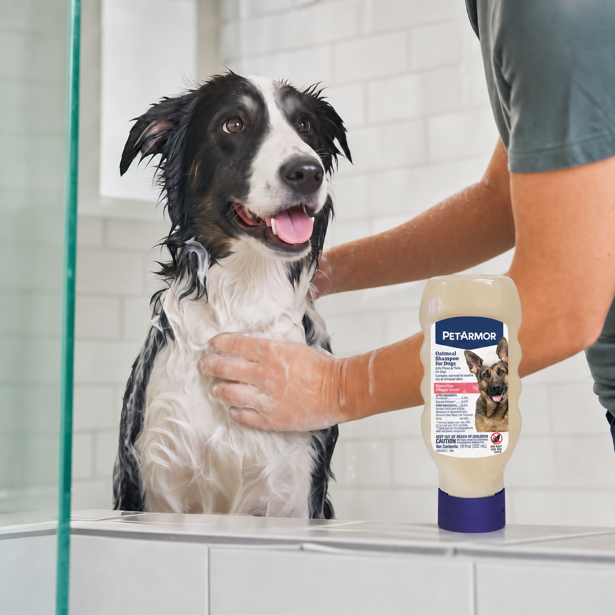 Woman gently shampoos a relaxed German Shepherd on a bath mat, PetArmor® oatmeal shampoo bottle and oats bowl beside them