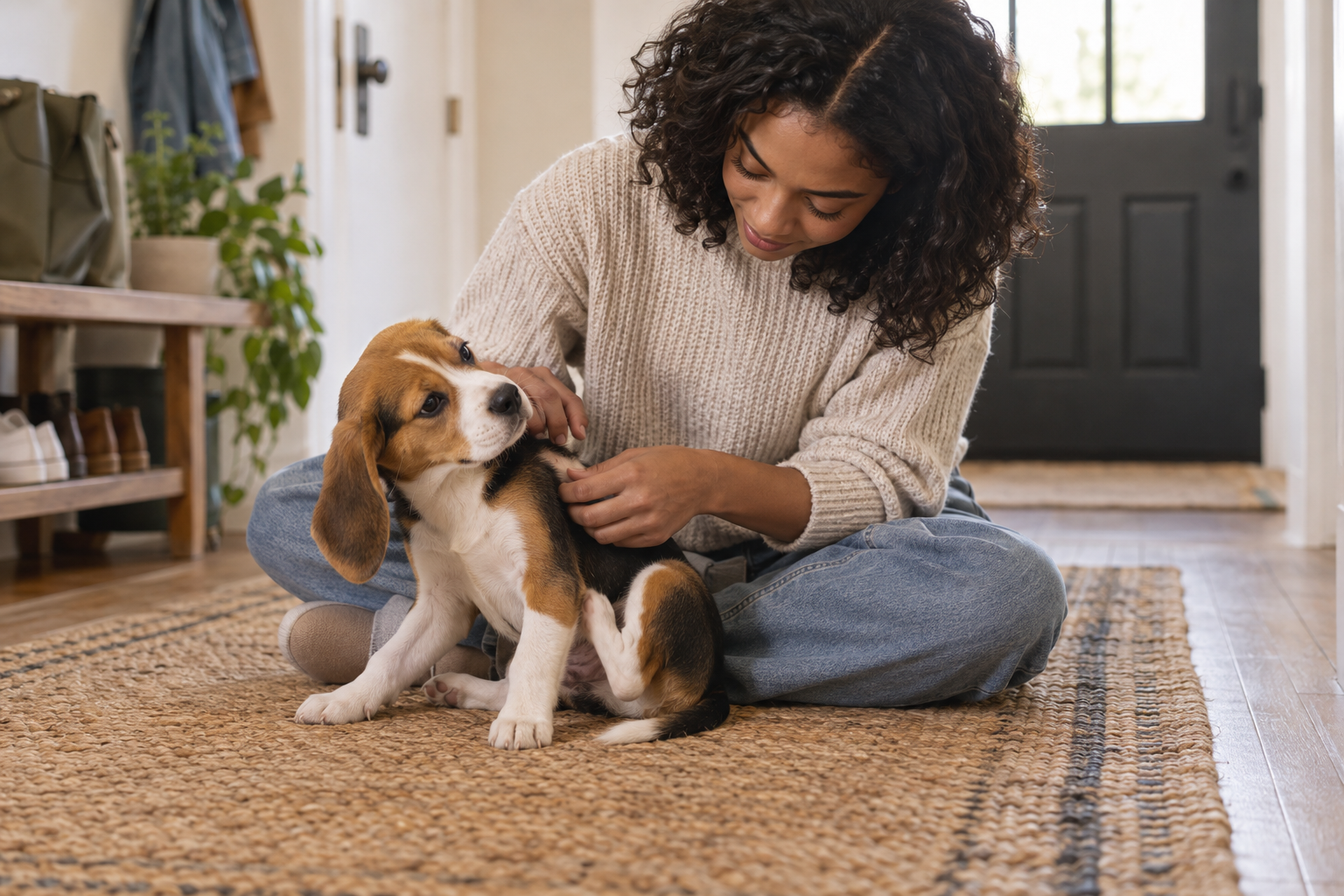 A young owner checks the shoulder fur of a Beagle puppy in an apartment entryway.