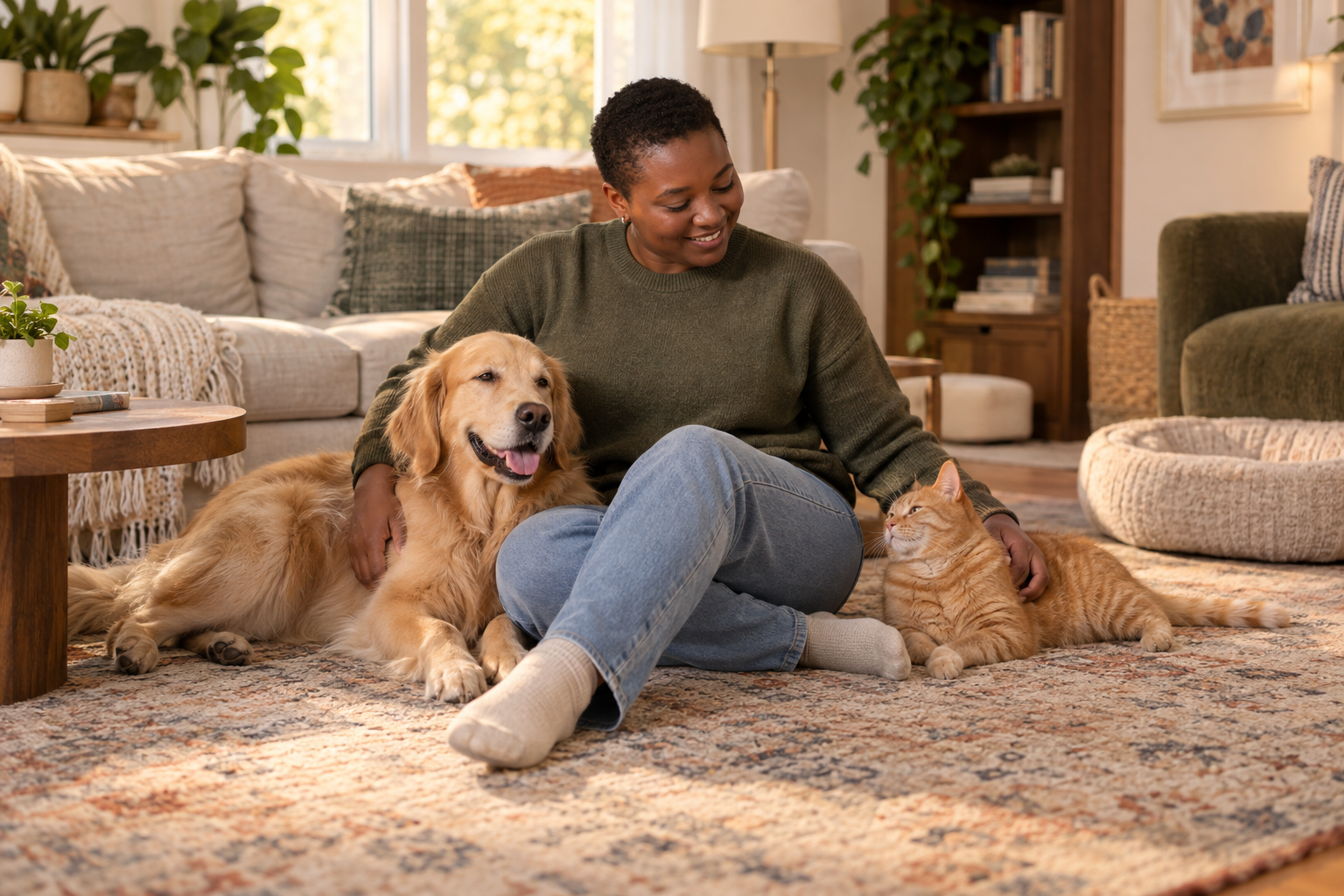 An owner relaxes on a living room rug with a Golden Retriever and an orange cat.
