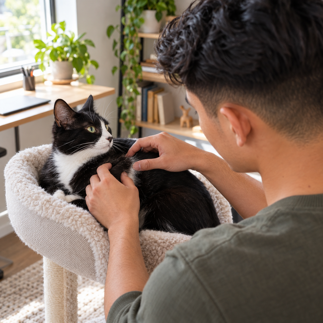 A young owner gently checks a tuxedo cat's shoulder while the cat rests on a perch.