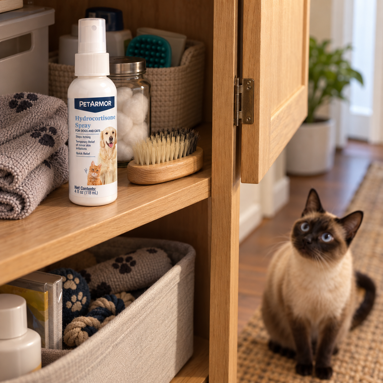 A pump spray bottle sits with pet-care supplies as a Siamese cat watches from below.