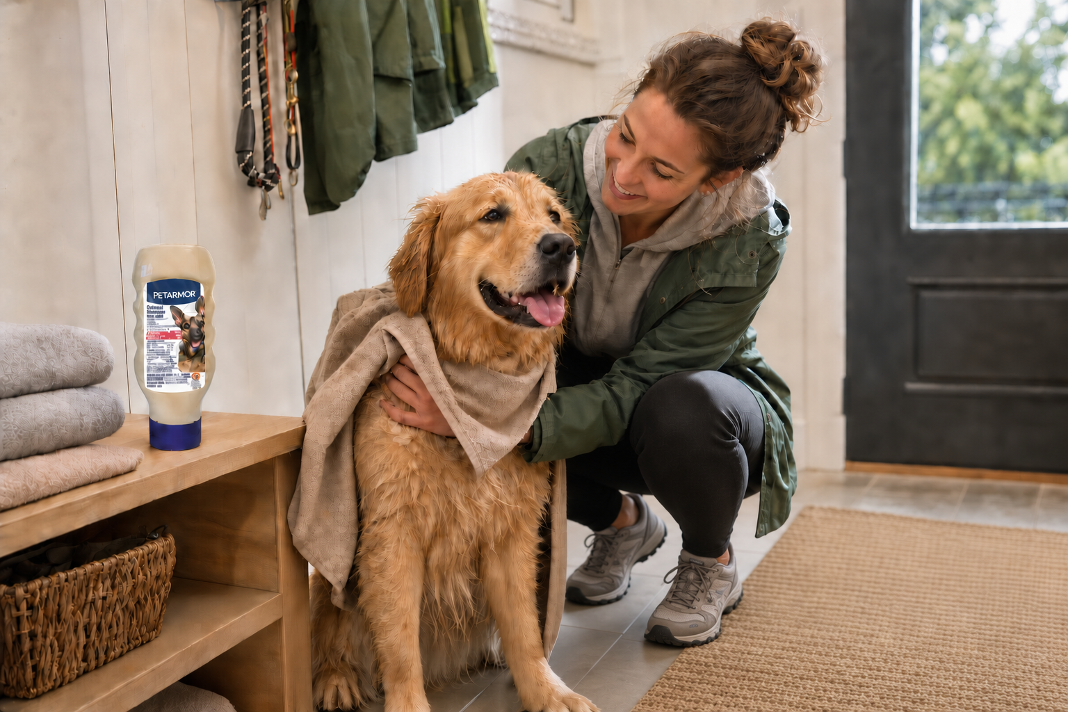 A smiling woman kneels in sneakers beside a wet golden retriever wrapped in a towel in a bright mudroom, with folded towels, hanging jackets, and a PetArmor® shampoo bottle nearby.