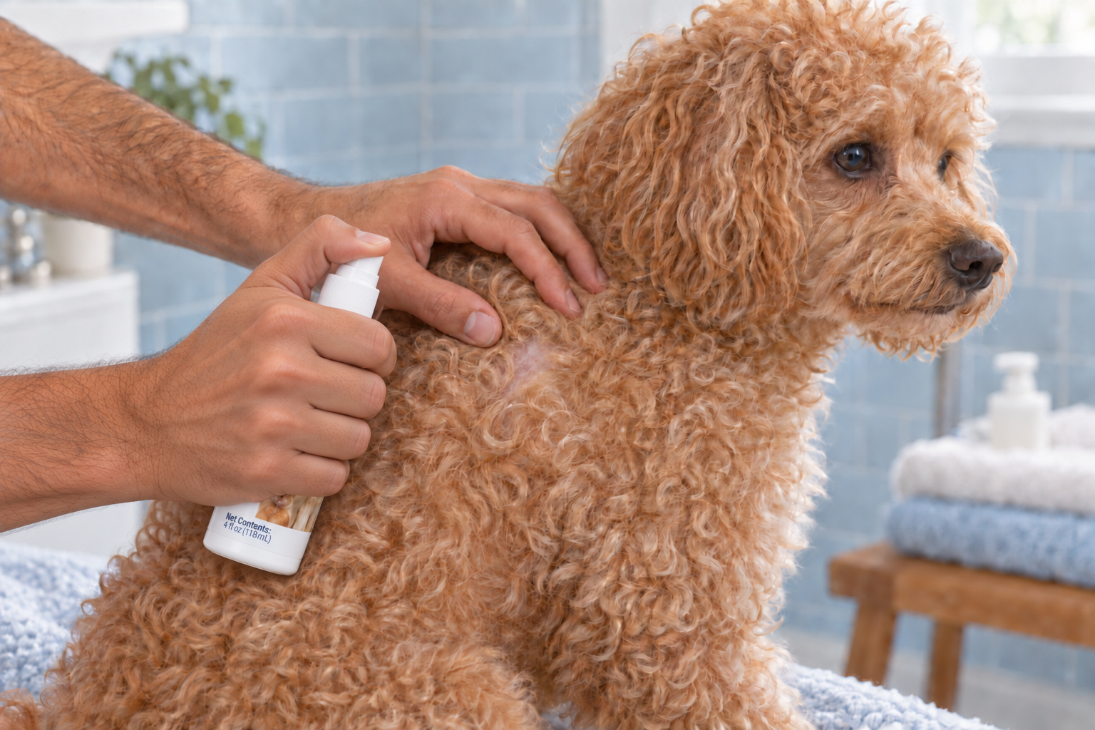 A person parts the curly tan fur on a dog’s shoulder while gripping a spray bottle labeled “Net Contents: 4 fl oz (118mL)” with a full hand grip in a blue-tiled bathroom.