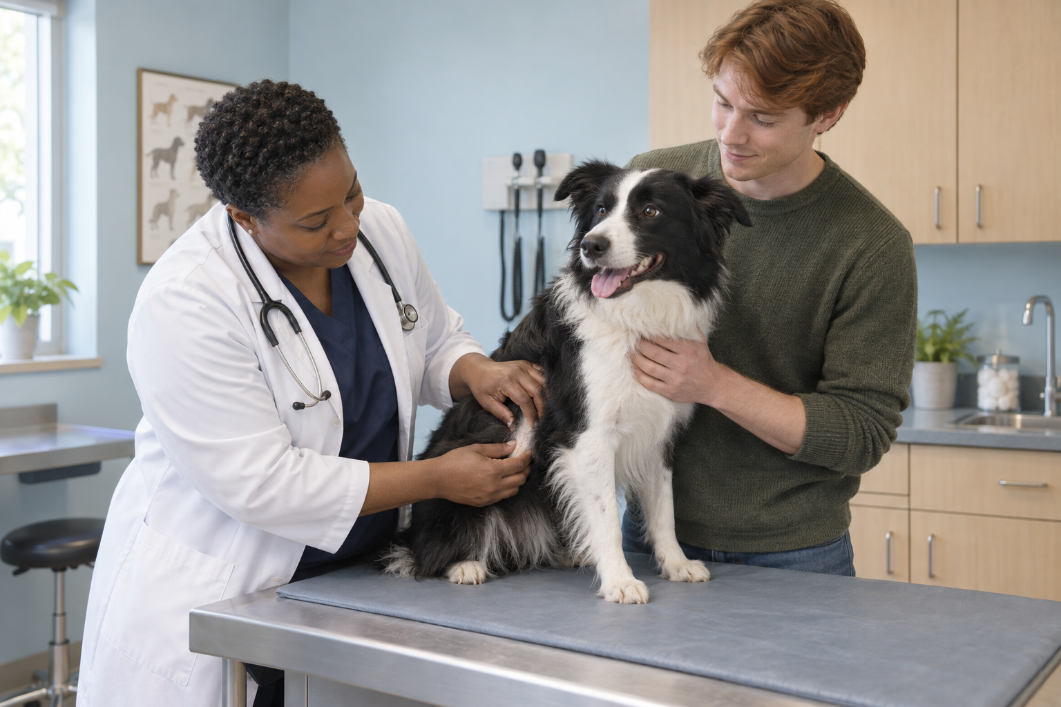 A veterinarian checks a border collie's skin while its owner provides comfort in an exam room.