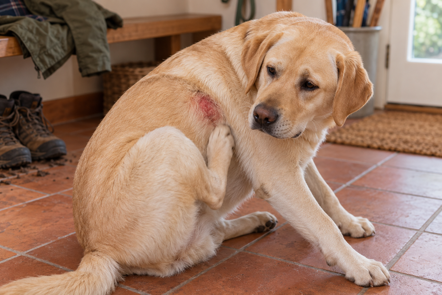 A yellow Labrador scratches near a red, irritated patch on its shoulder in a home mudroom.