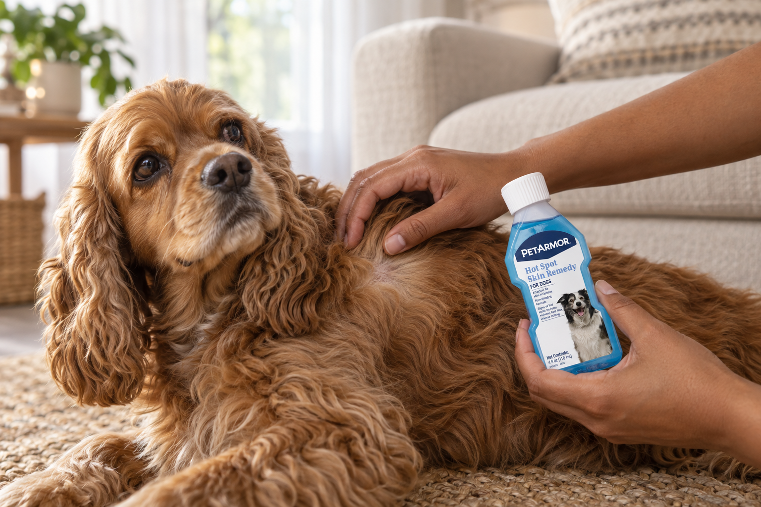 A caregiver holds a capped remedy bottle while gently parting a cocker spaniel's fur.