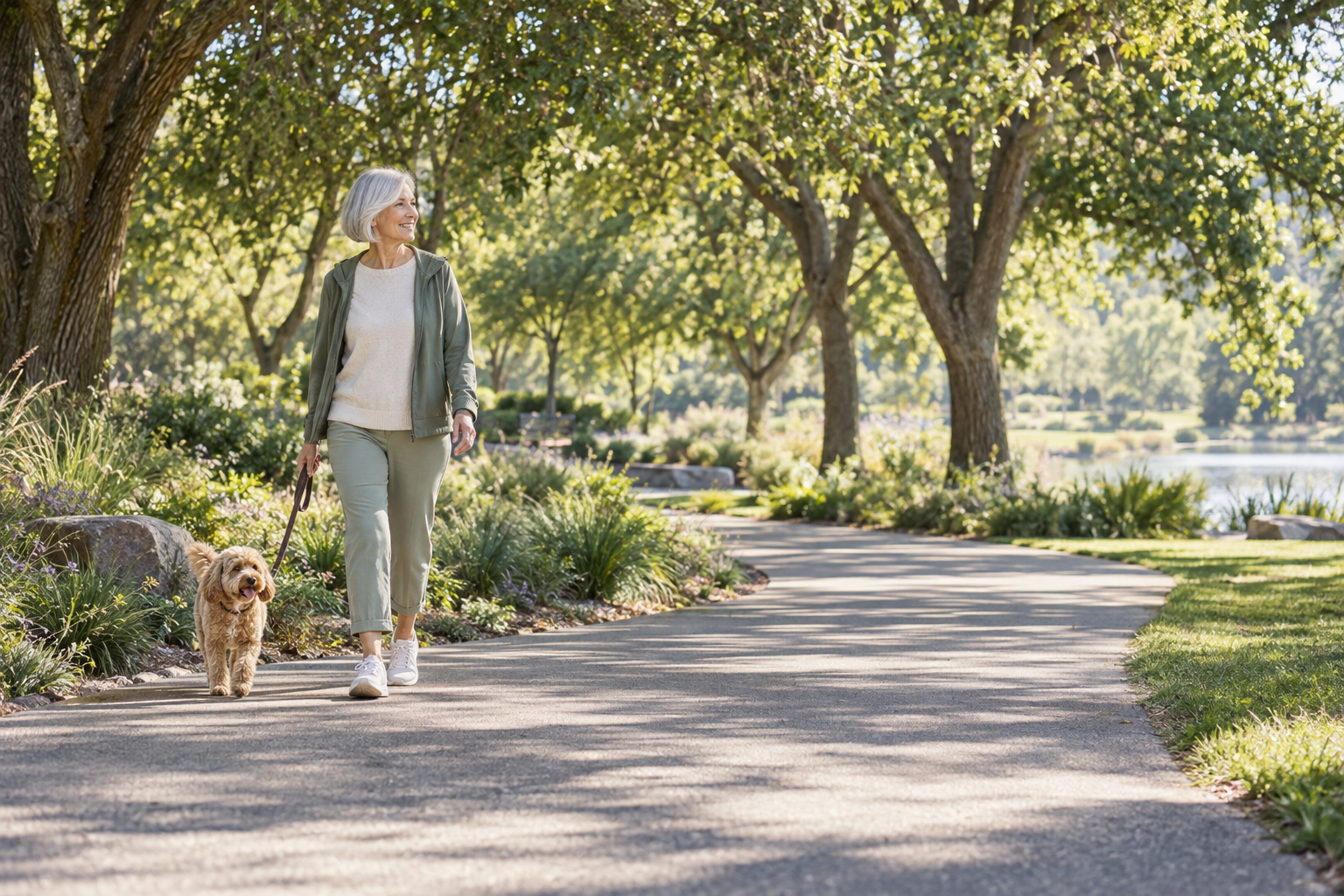 A woman and an apricot poodle mix take a relaxed morning walk along a leafy park path.