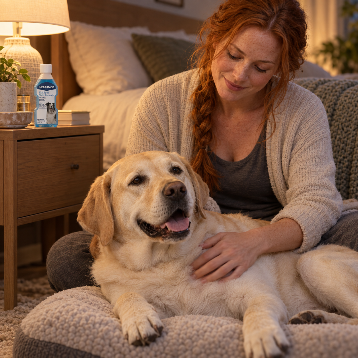 A woman comforts a settling yellow Labrador while a capped remedy bottle rests on the nightstand.
