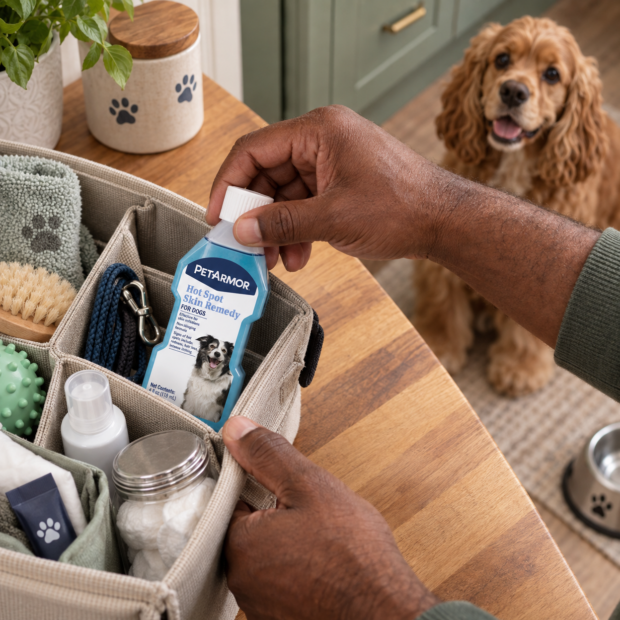 A caregiver places a capped remedy bottle into a dog-care caddy as a cocker spaniel waits nearby.