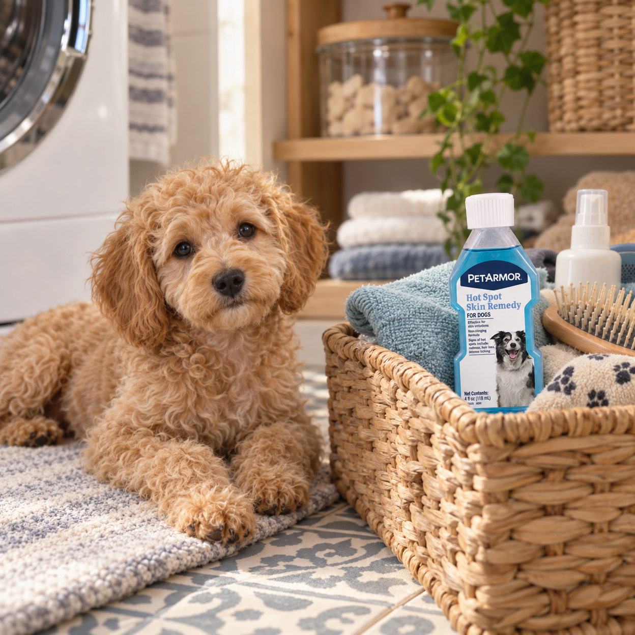 An apricot poodle-mix puppy rests beside a basket holding a capped remedy bottle and grooming supplies.