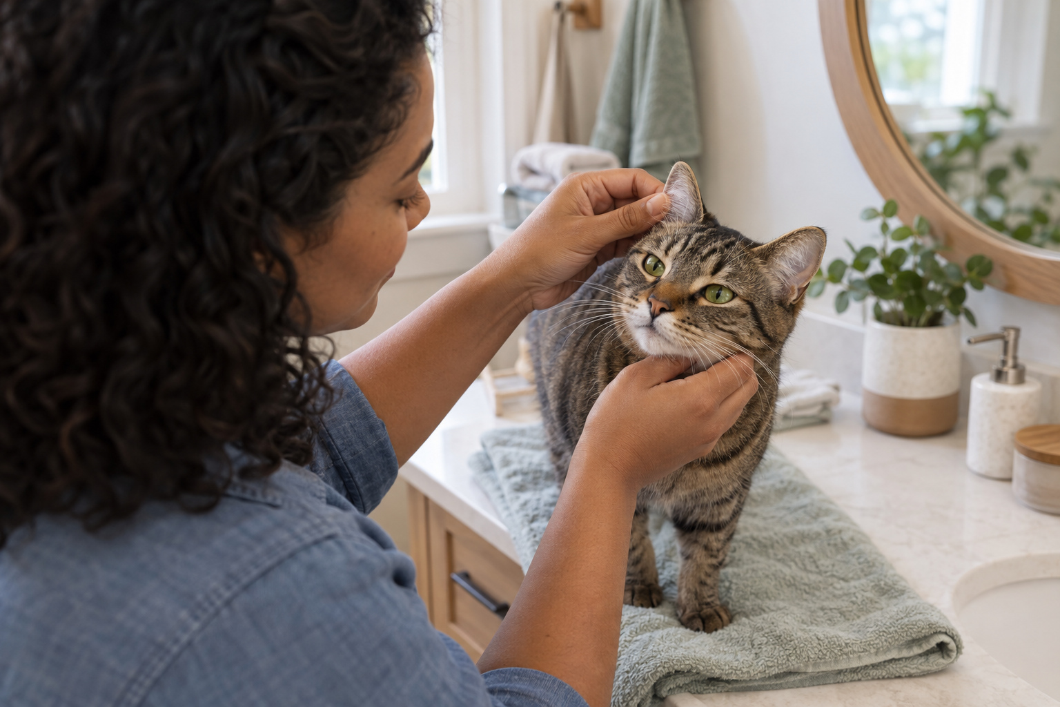 A cat owner gently checks a brown tabby's ear on a bathroom vanity.