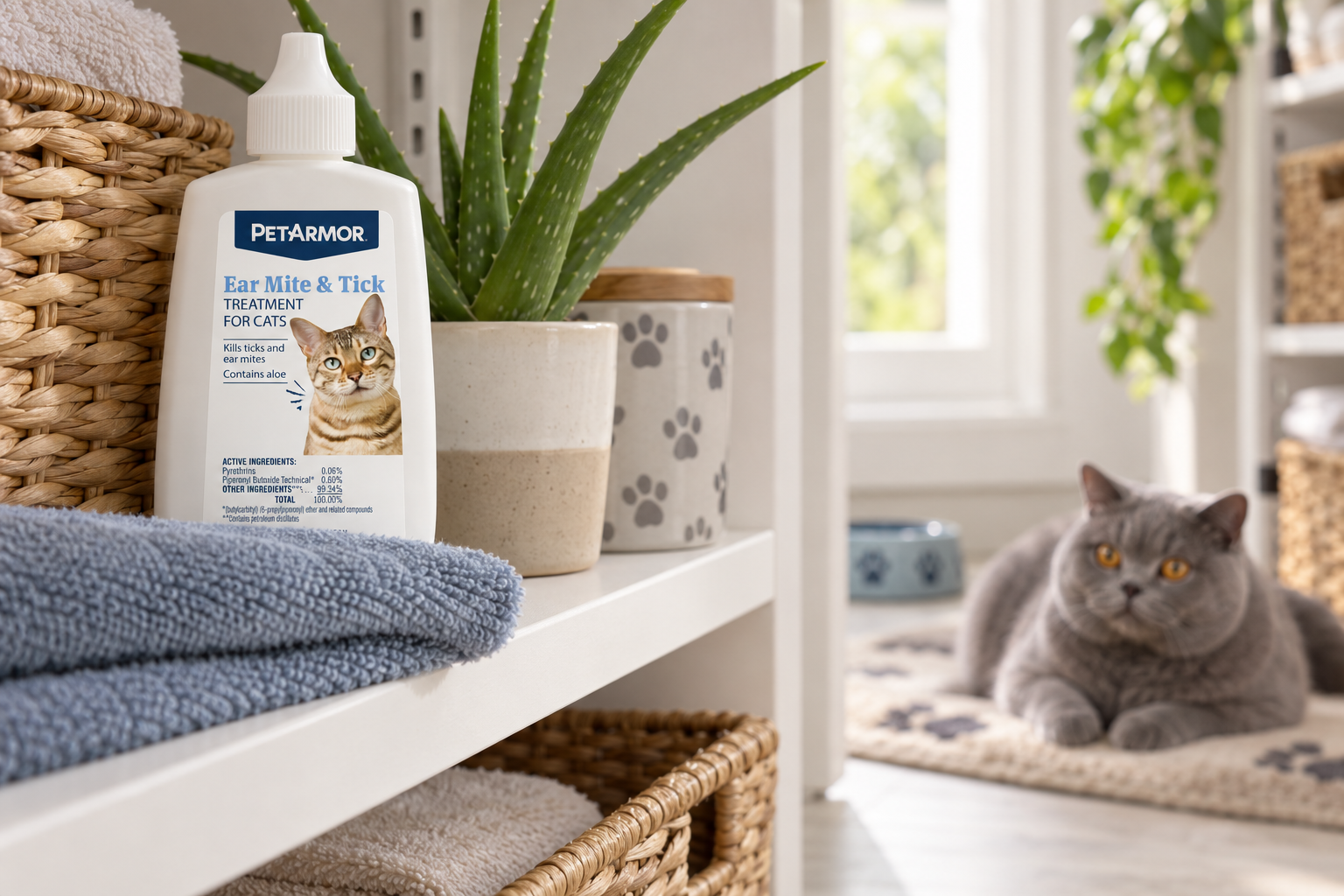 A treatment bottle sits on a care shelf while a gray cat rests nearby.