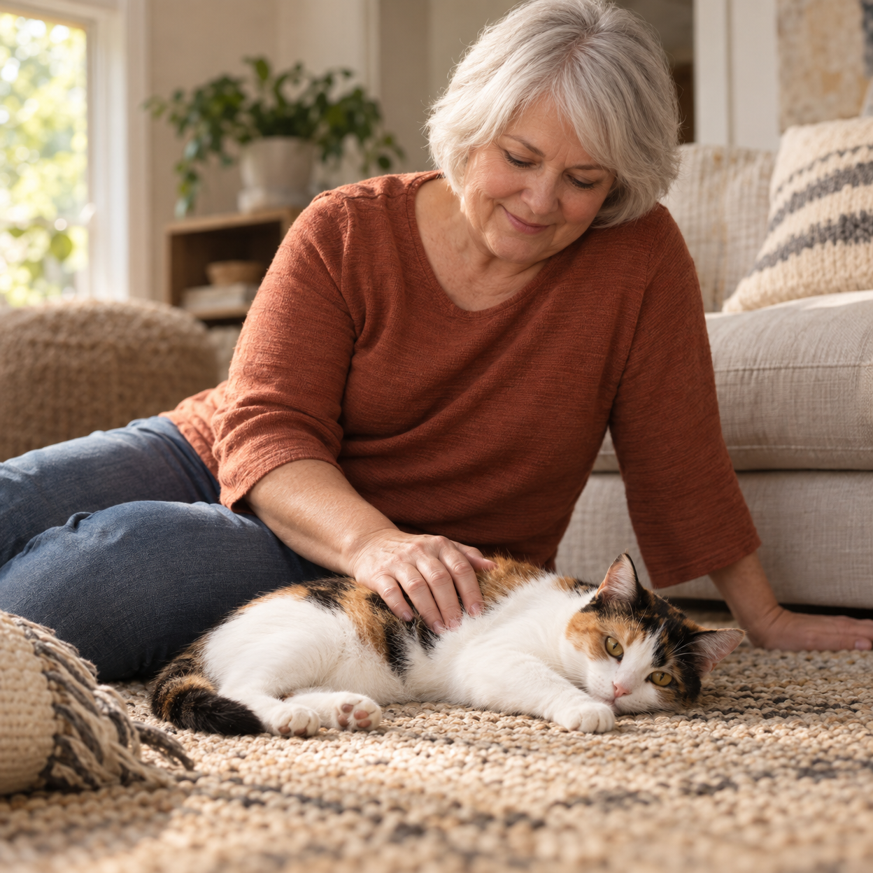 An owner gently strokes a relaxed calico cat on a living room rug.