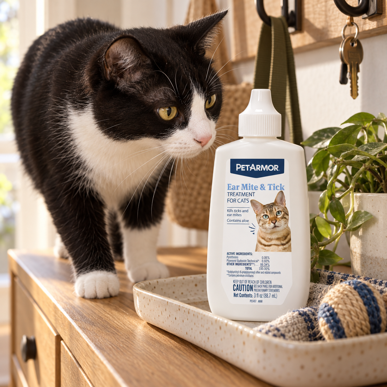 A labeled treatment bottle stands on a care tray as a tuxedo cat approaches.