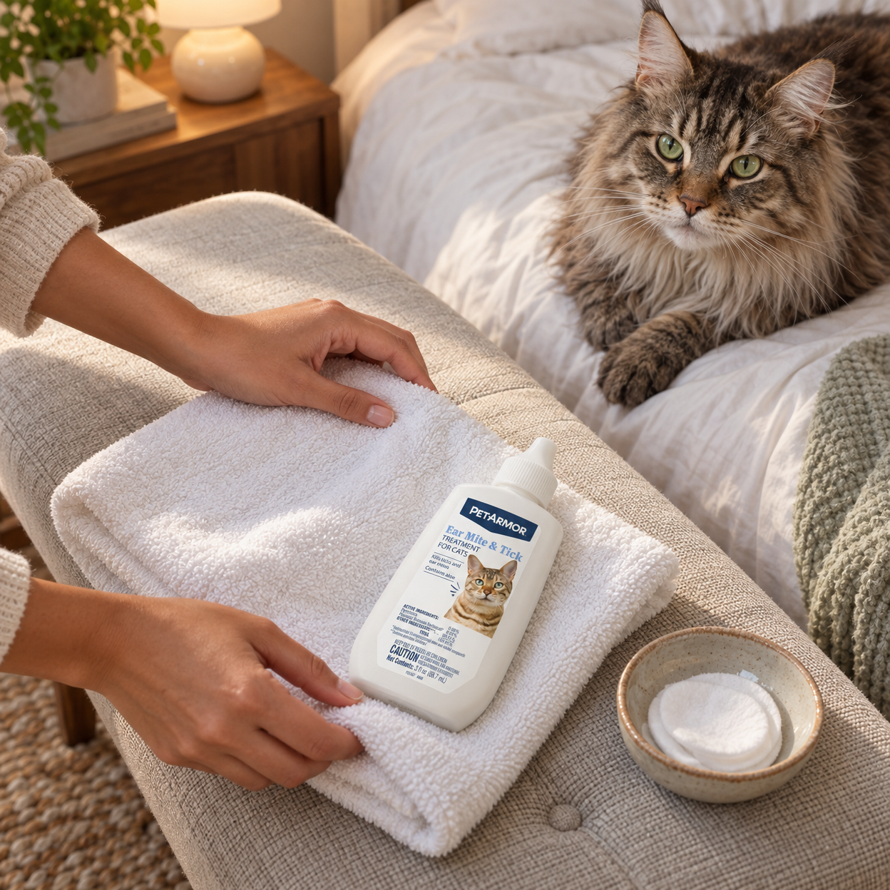 Hands arrange a treatment bottle and towel while a Maine Coon waits nearby.