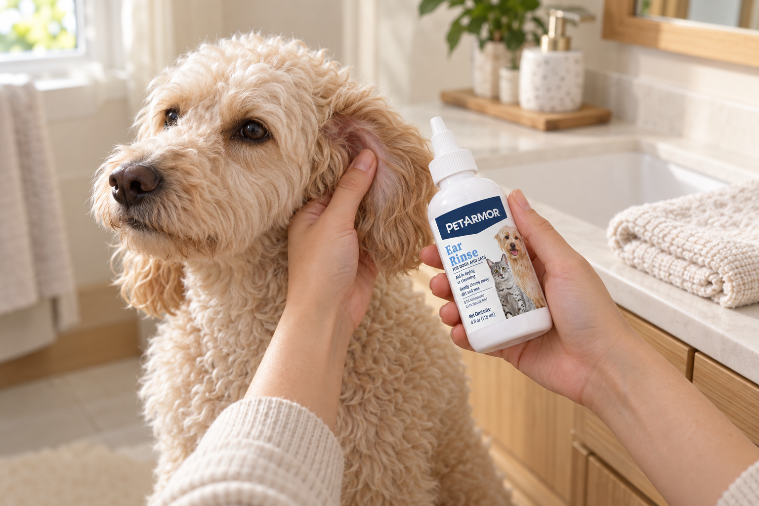 Hands prepare a capped ear-rinse bottle beside a calm cream dog at a bathroom vanity.