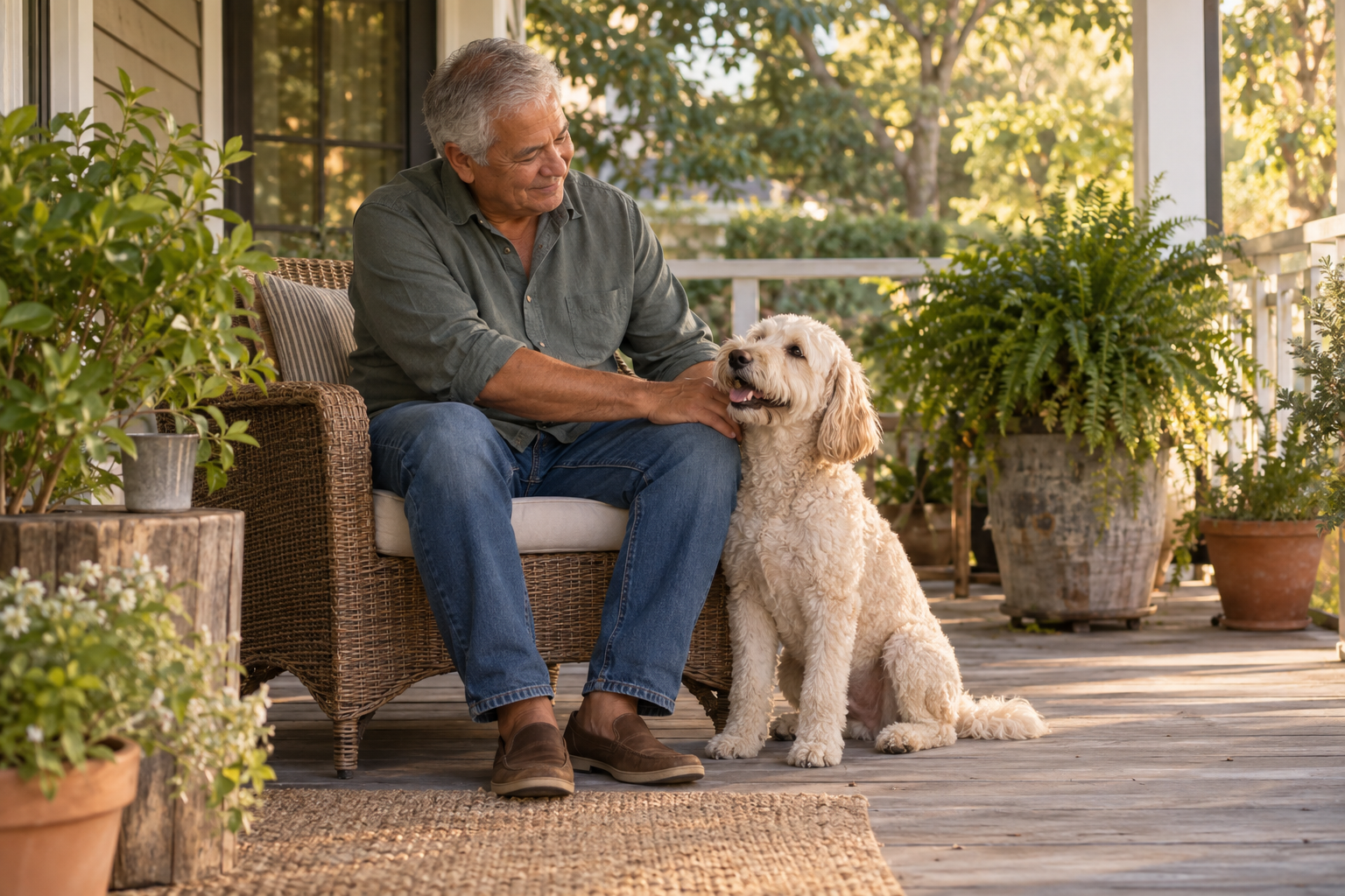 A man sits with a relaxed cream dog on a shaded porch surrounded by potted greenery.