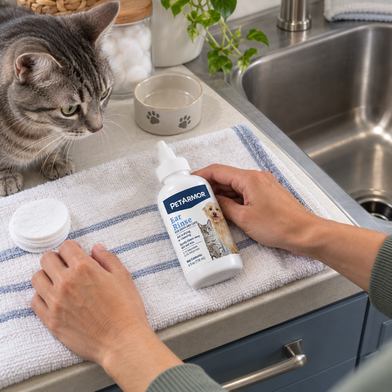 Hands arrange a towel and capped ear-rinse bottle while a gray tabby watches beside a sink.