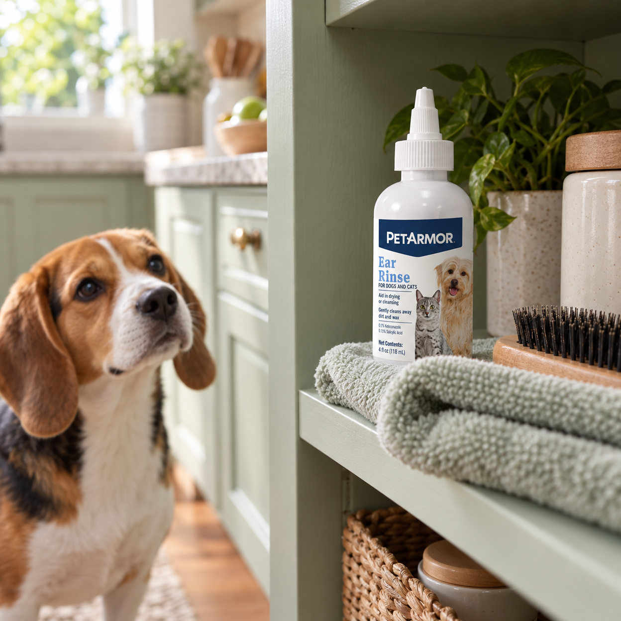 A labeled ear-rinse bottle rests with grooming supplies as a Beagle looks on from behind.