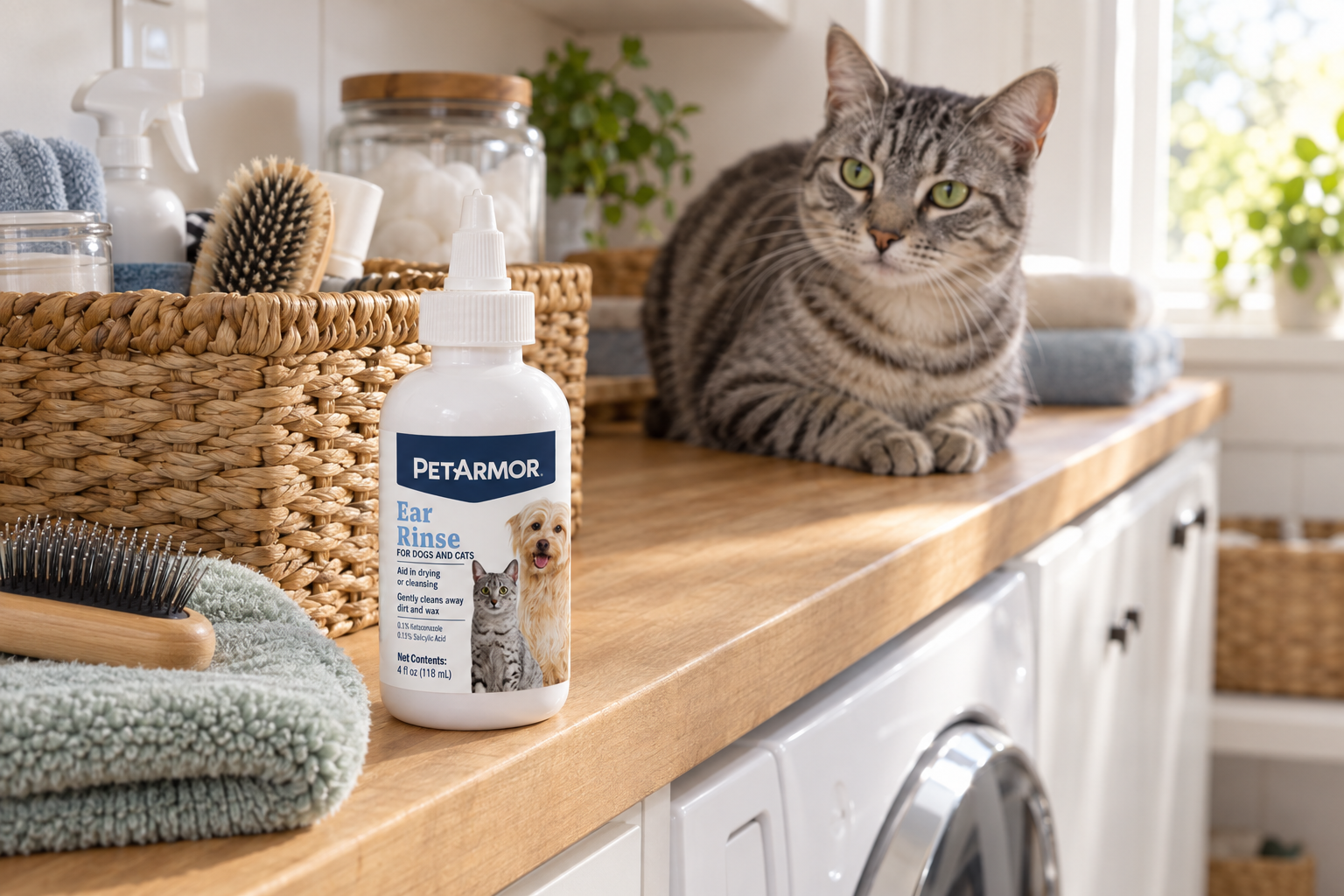 An ear-rinse bottle sits with pet-care supplies while a gray tabby watches from the counter.