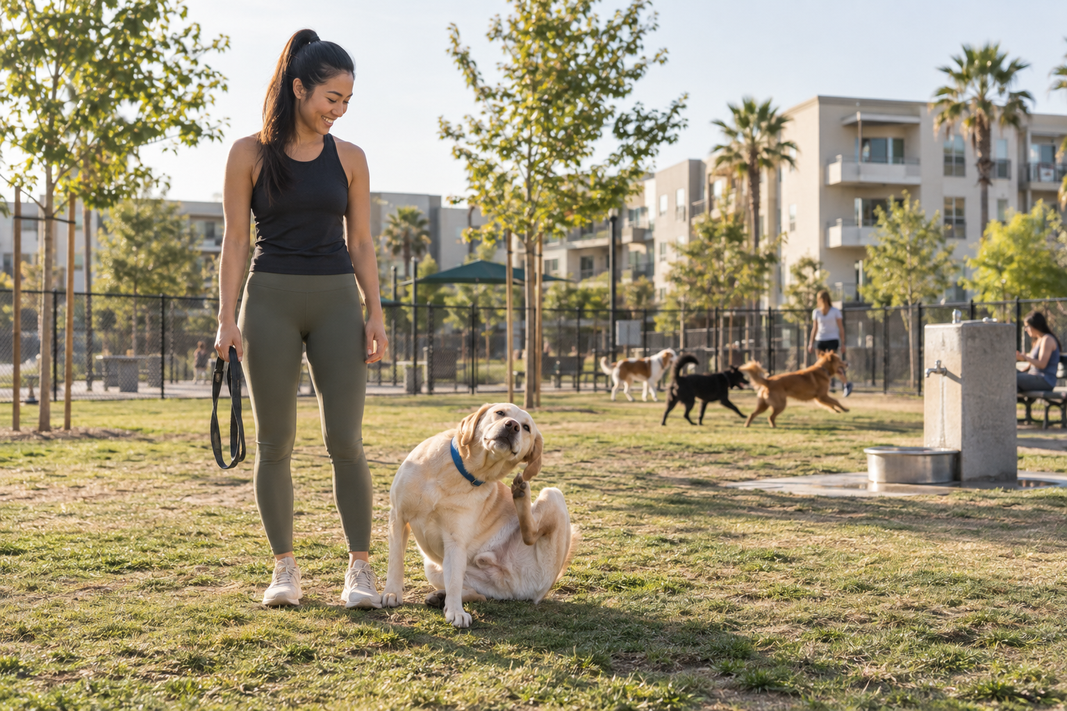 A Labrador pauses to scratch its ear beside its owner at a busy neighborhood dog park.