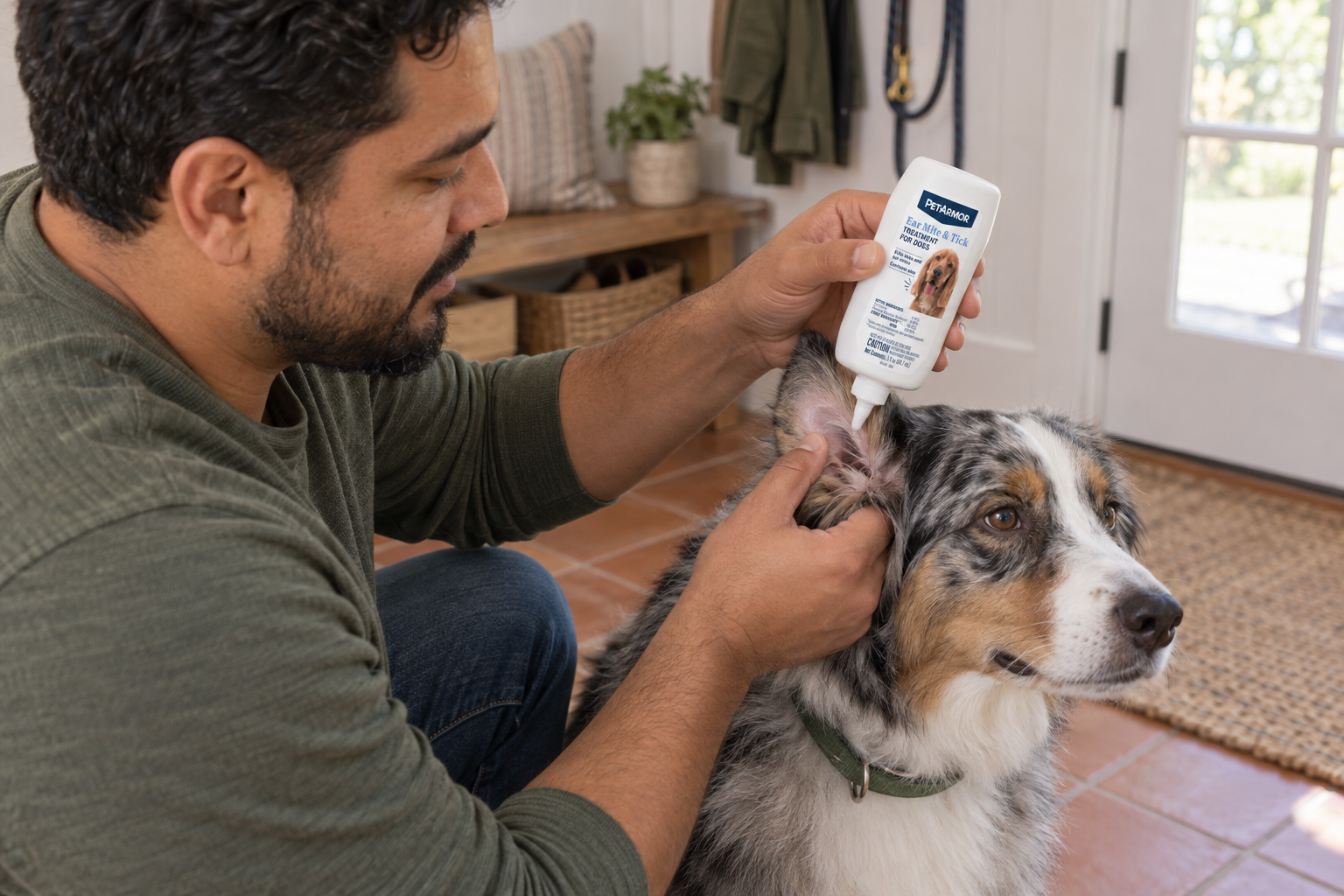A man gently applies ear treatment to an Australian shepherd in a compact mudroom.