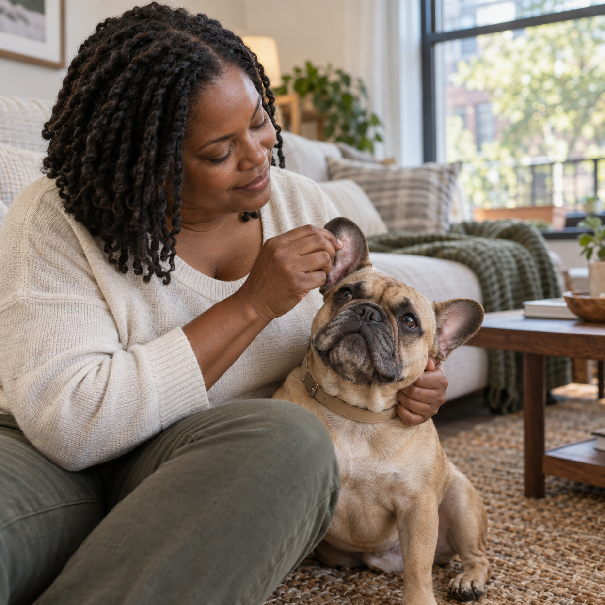 A woman gently checks a French bulldog's ear while sitting beside it in an apartment.