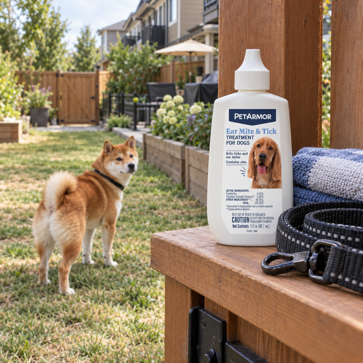 An ear treatment bottle sits by a leash at a shared-yard gate as a Shiba Inu explores.