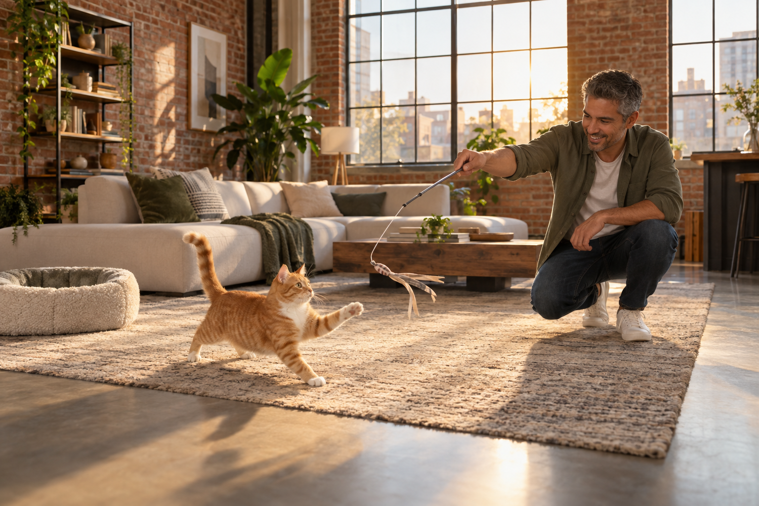 A man plays with an orange tabby in a sunlit loft living room while a cat bed rests nearby.