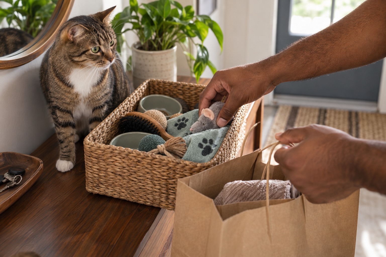 A tabby watches as its owner organizes newly purchased cat-care supplies in a home entryway.
