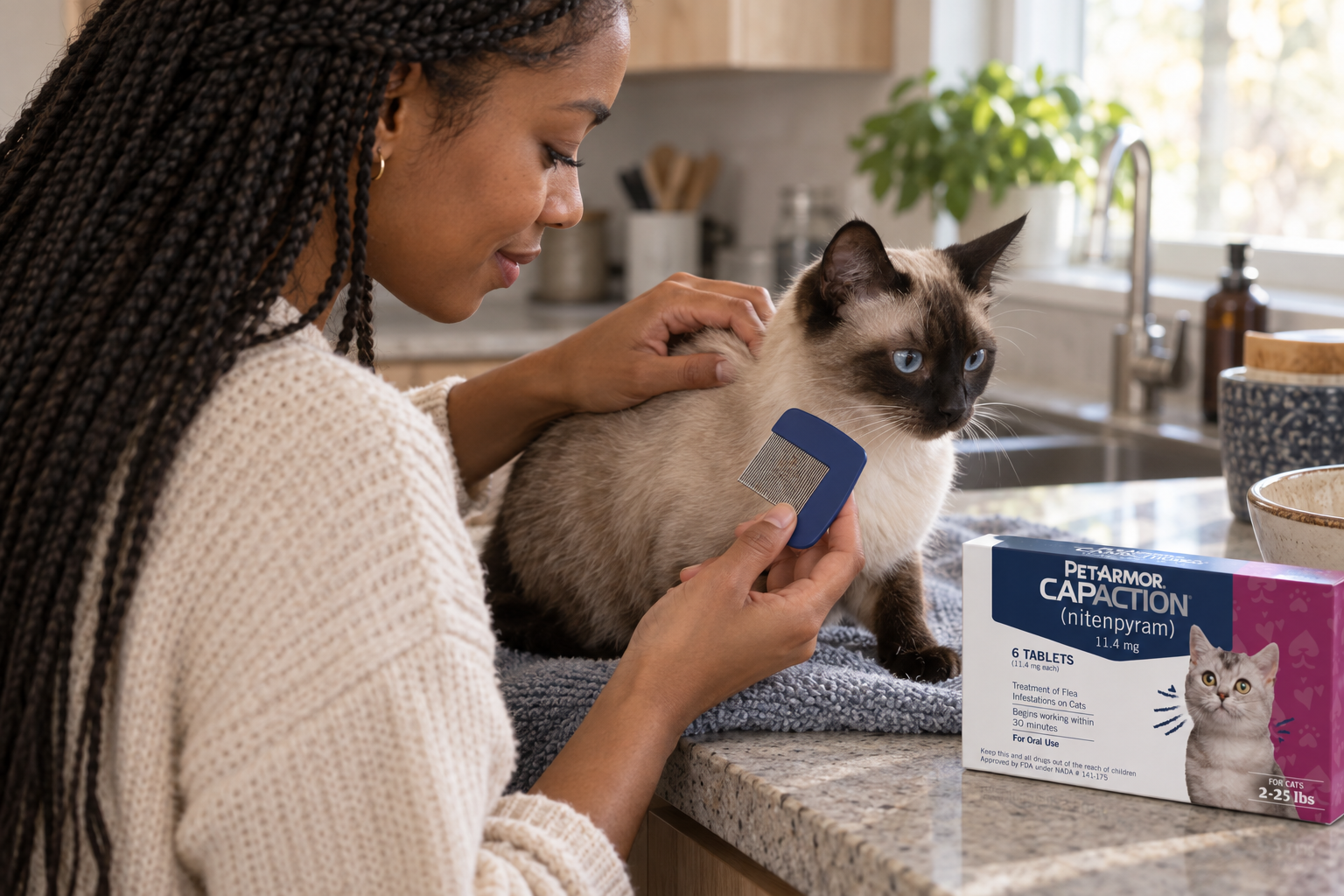 A cat owner checks her Siamese cat with a flea comb while a treatment box rests on the kitchen counter.