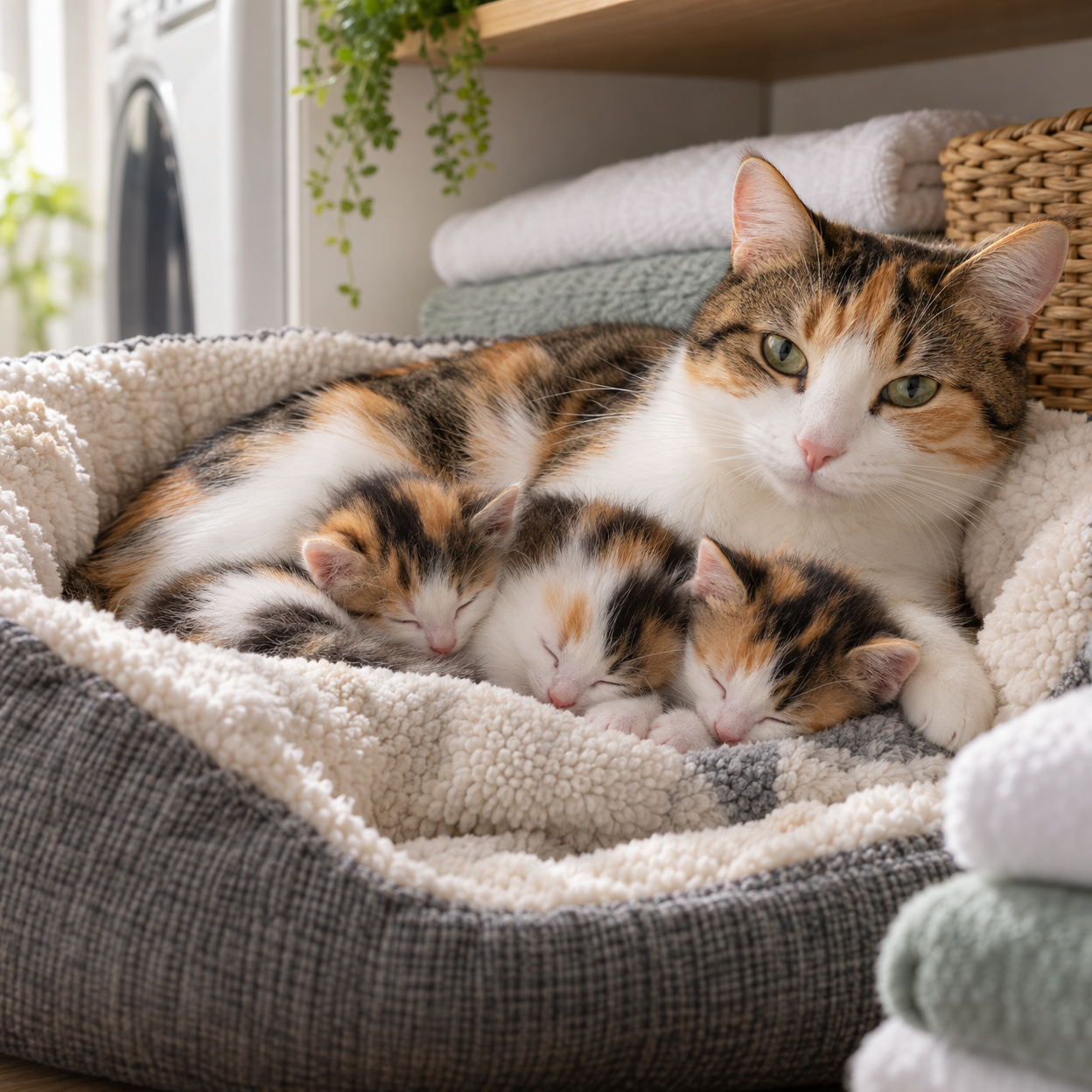A calico mother cat rests with three sleeping kittens in a softly lit nesting bed.