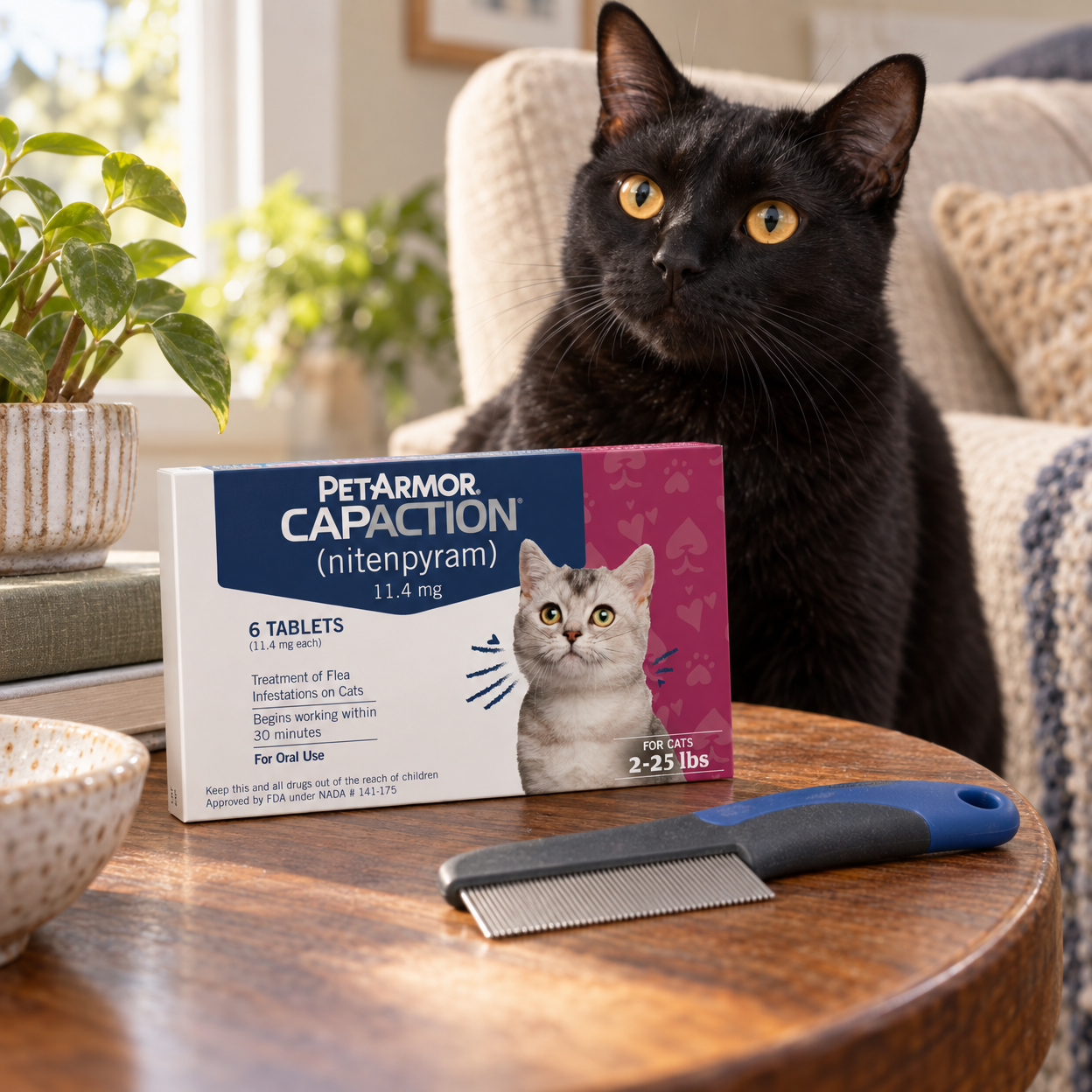A black cat sits behind a sealed flea-treatment box and flea comb on a living-room side table.