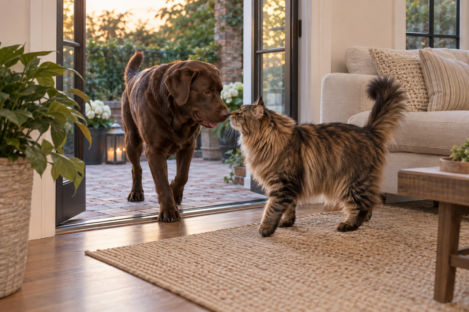 A chocolate Labrador and brown Maine Coon greet each other at an open patio doorway.