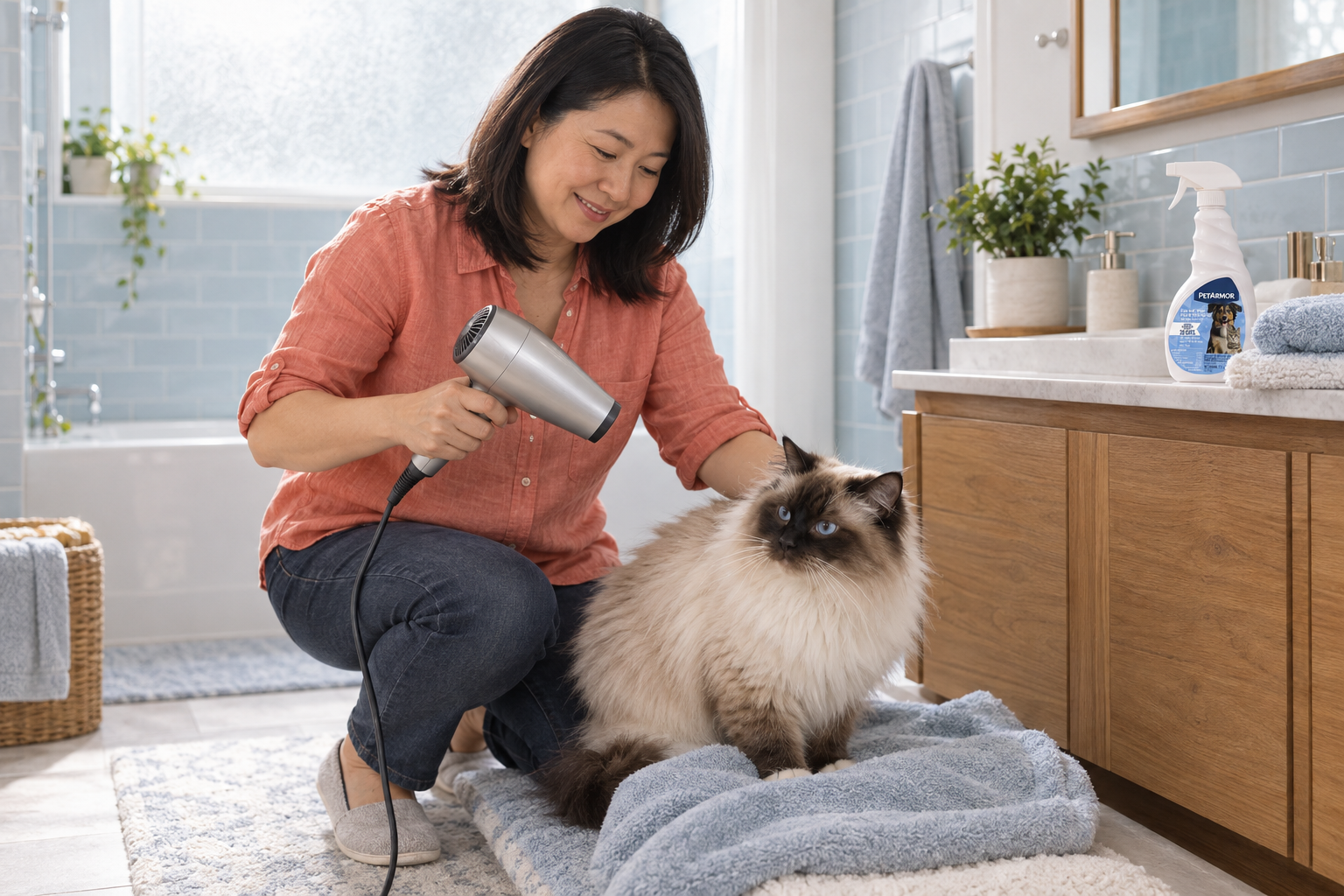 A woman gently blow-dries a Ragdoll cat on a towel while the spray bottle rests on the vanity.