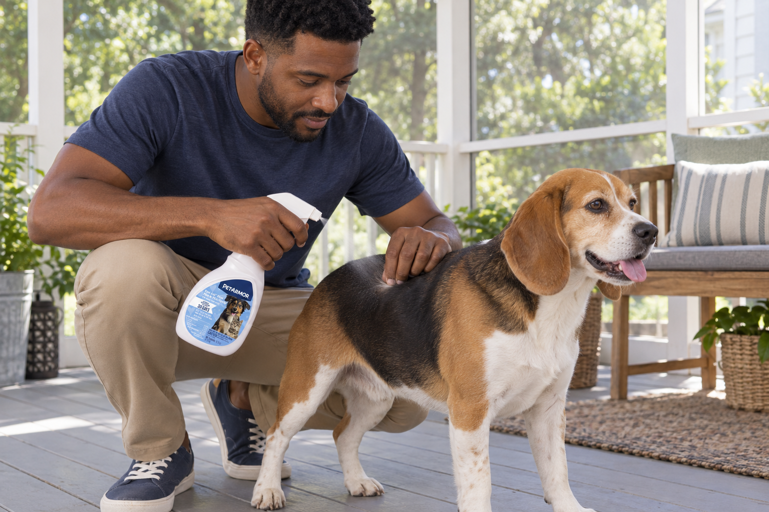 A man applies flea and tick spray to a calm Beagle on a screened porch.
