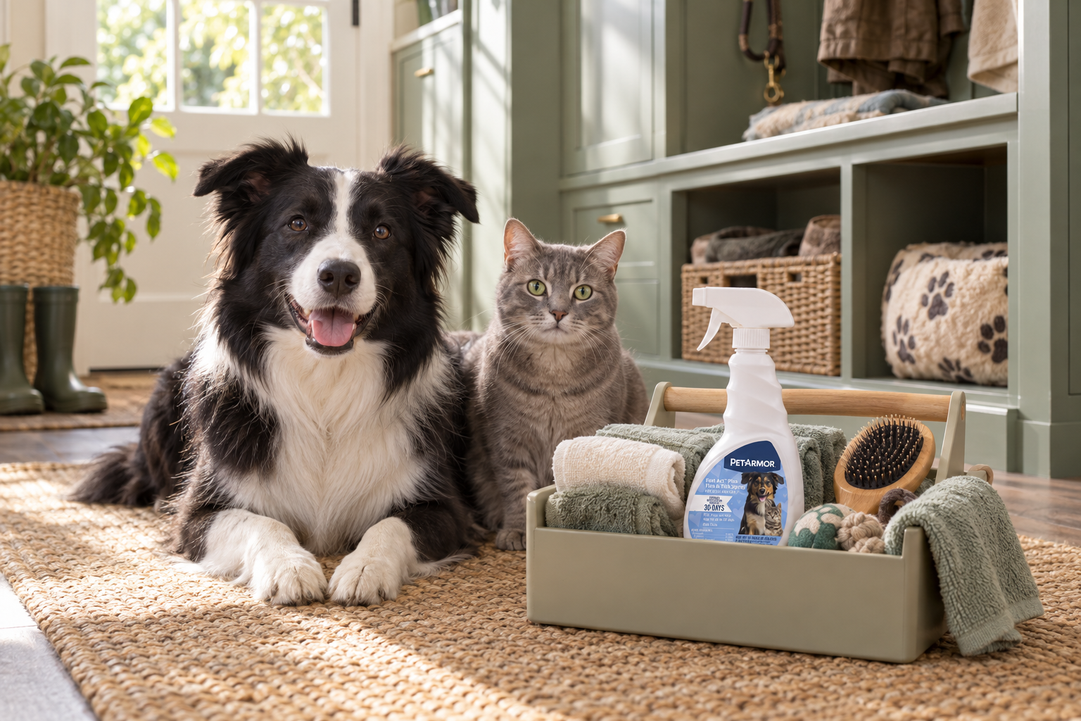 A Border Collie and gray cat wait beside a grooming caddy holding a flea and tick spray bottle.