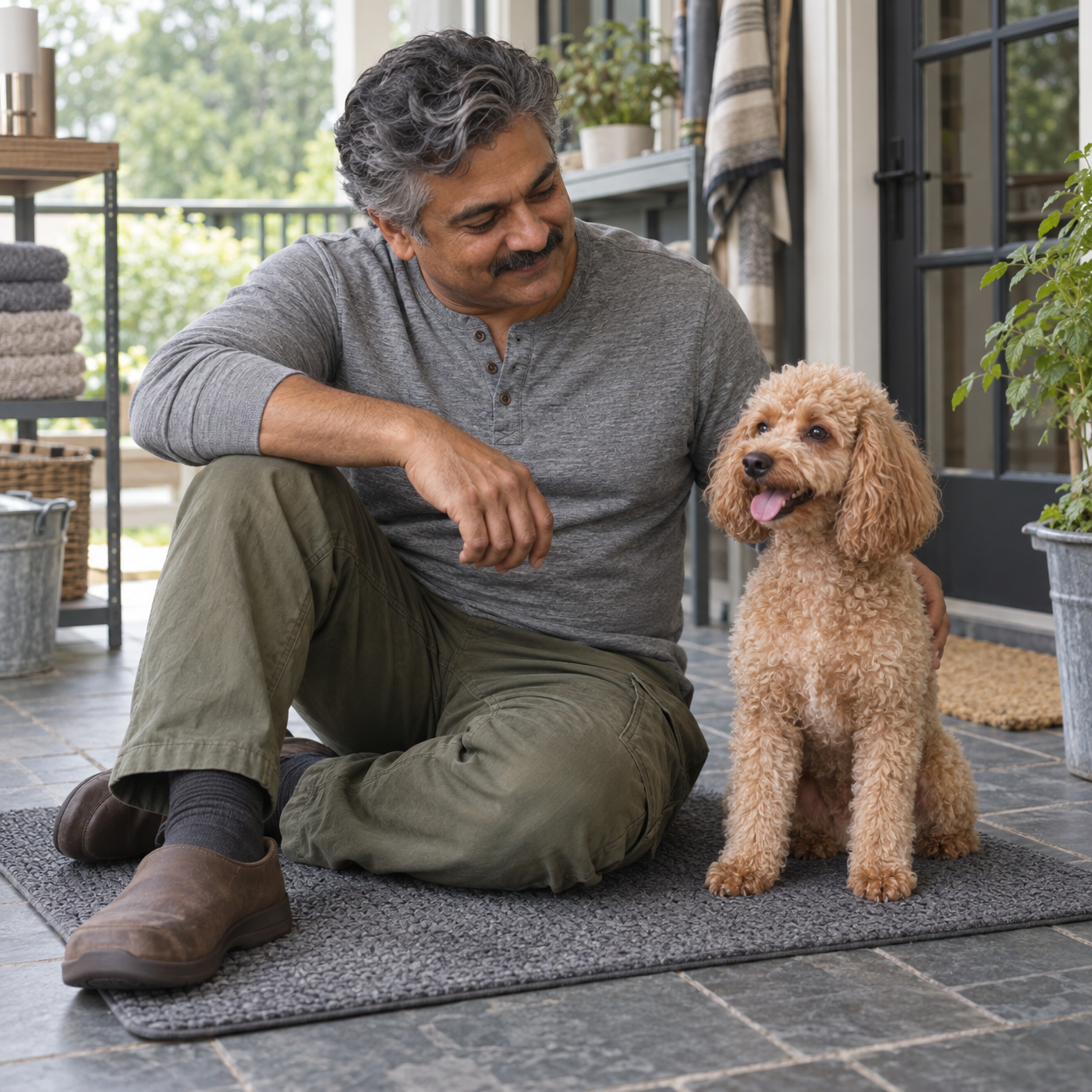A man sits beside an apricot poodle as its coat air-dries on a covered porch.