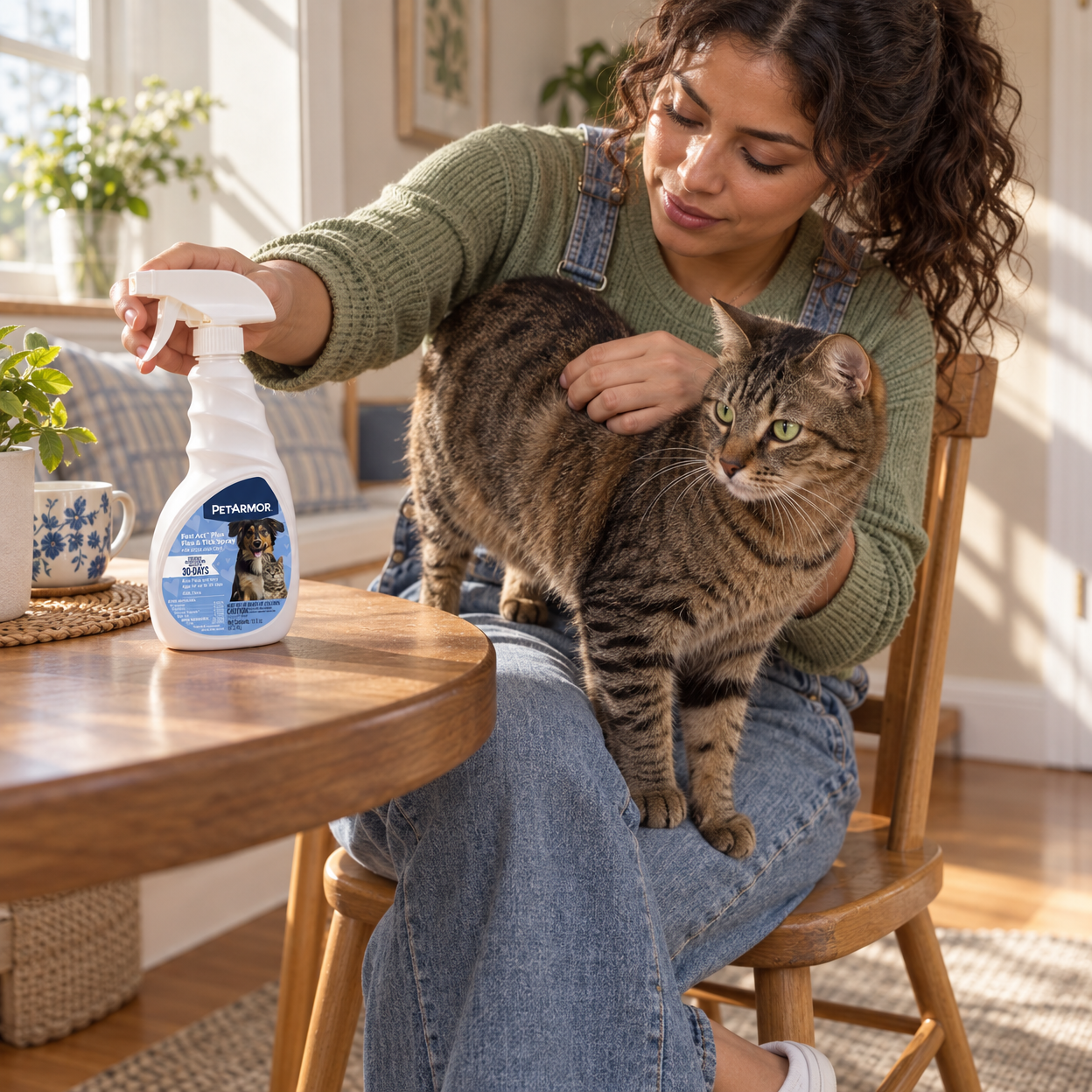 A woman checks a tabby cat's coat and reaches for a spray bottle at the table edge.