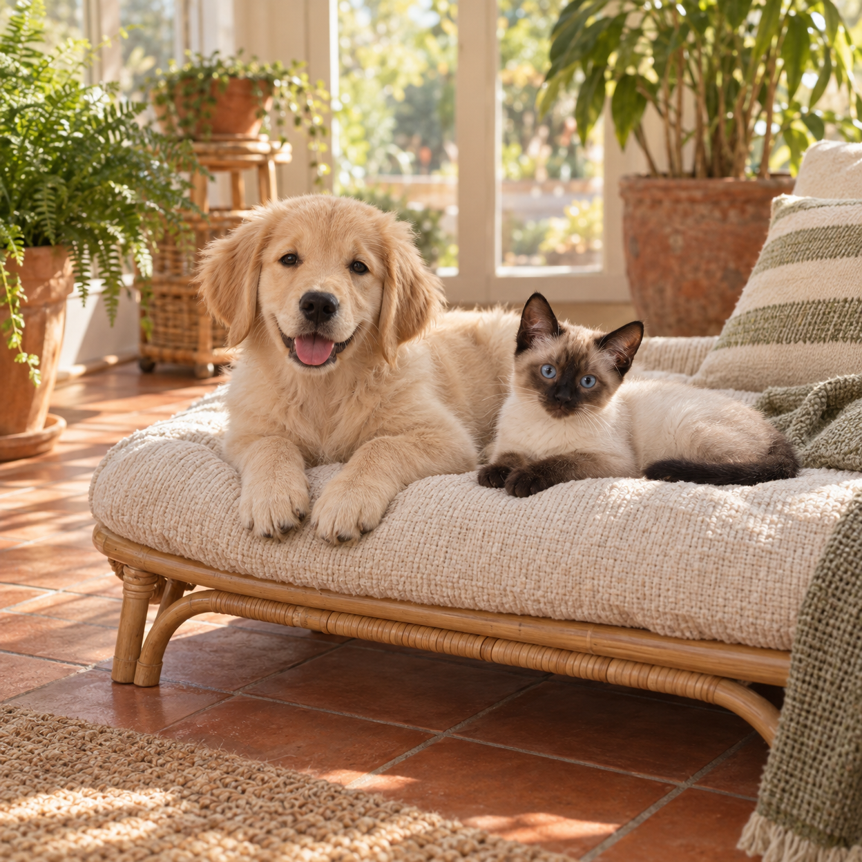 A golden retriever puppy and Siamese kitten rest together on a cushion in a warm sunroom.
