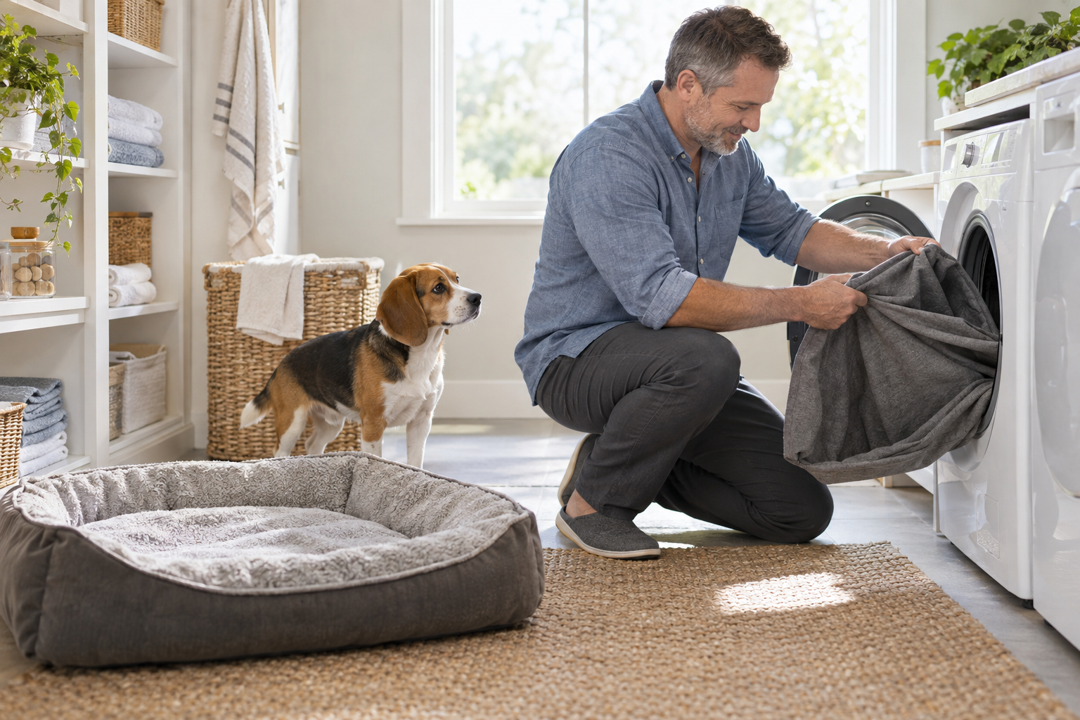 An owner puts a dog-bed cover into the washer while a Beagle watches nearby.