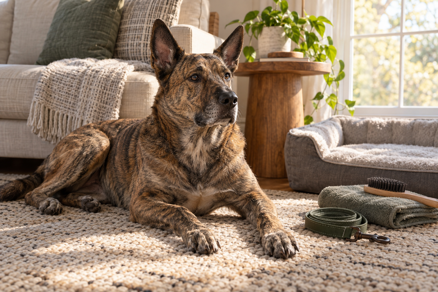 A brindle dog rests in a living room beside a leash, grooming brush, and folded towel.