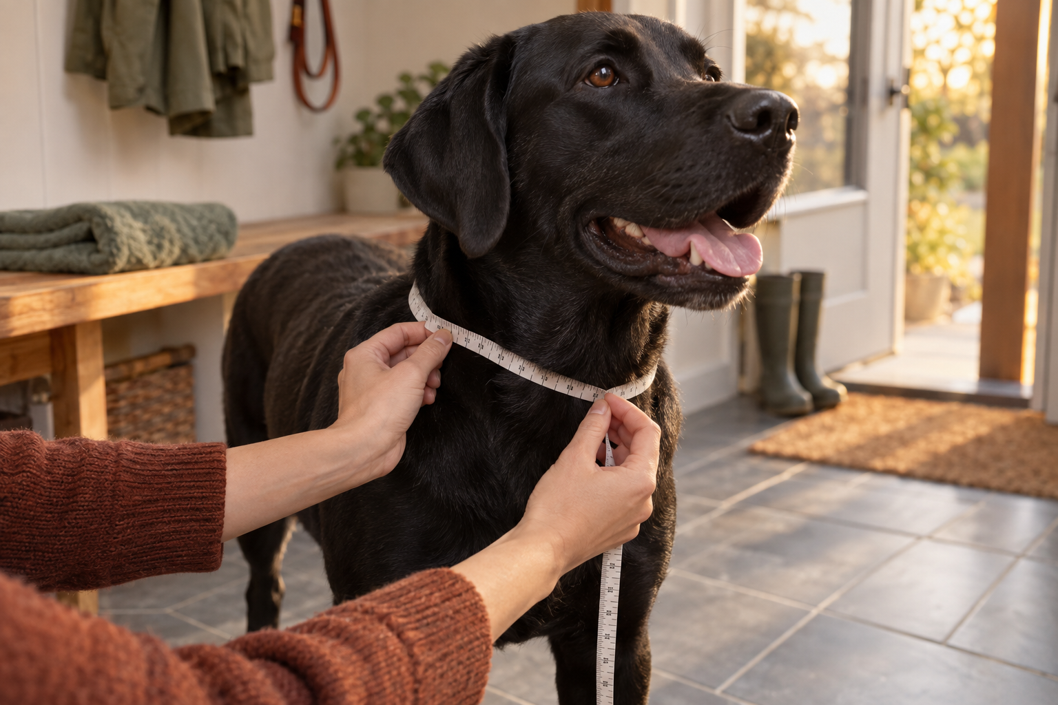 Hands loosely measure a black Labrador's neck with a soft tape in a tiled mudroom.