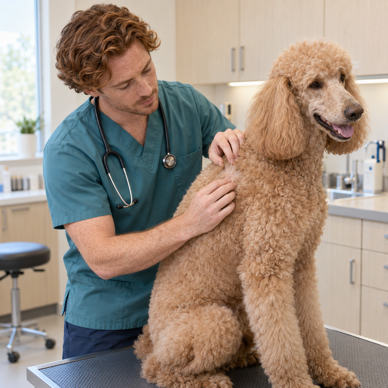 A veterinarian examines an apricot Poodle's skin and coat in a bright exam room.
