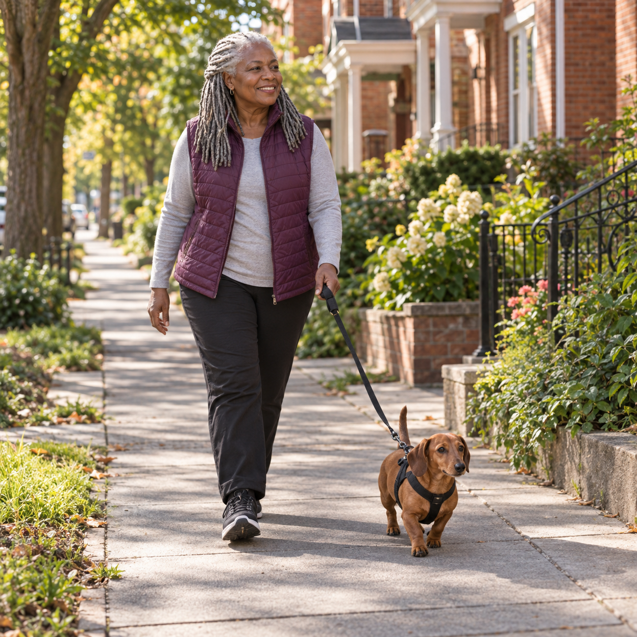 An owner walks a small Dachshund along a tree-lined neighborhood sidewalk.