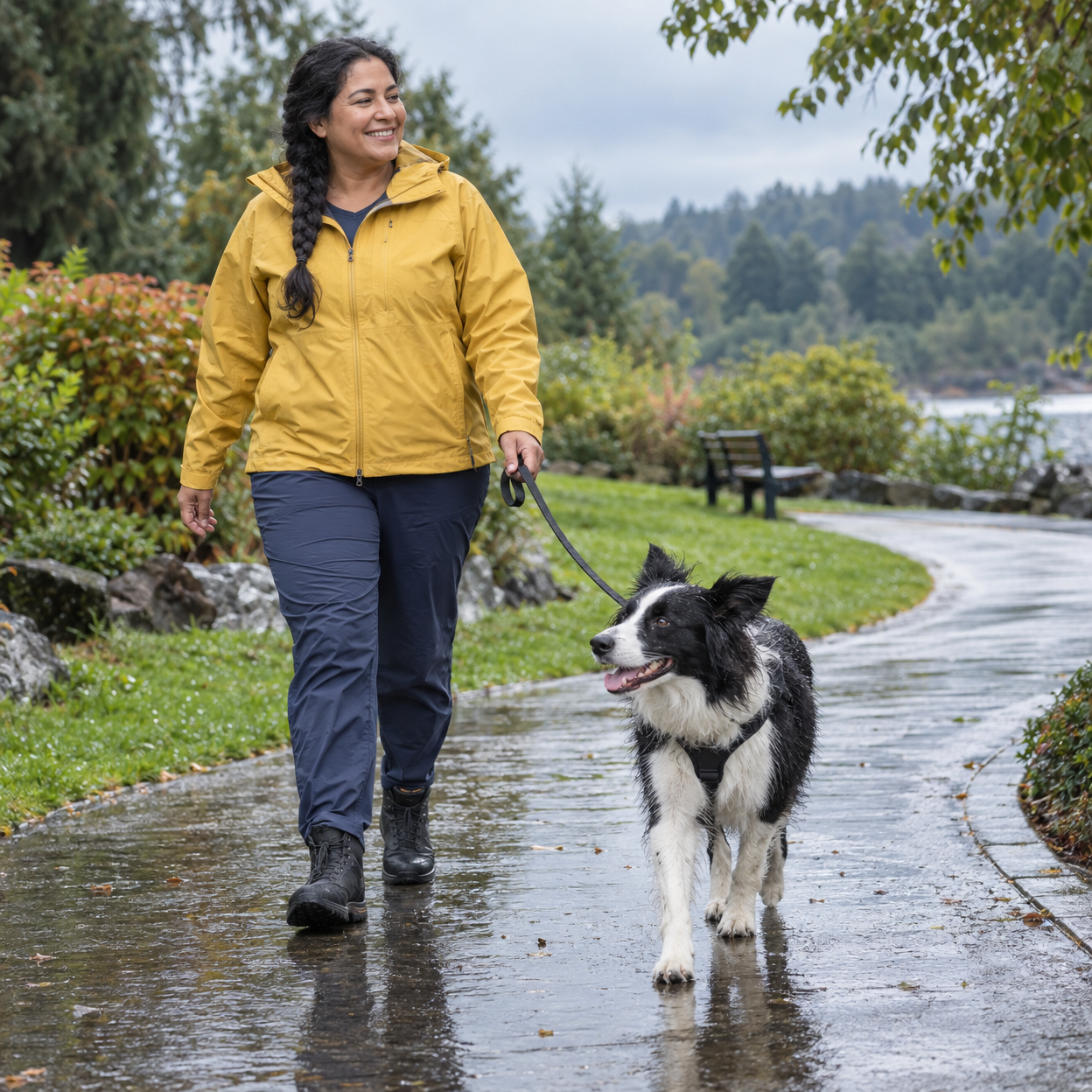 An owner and Border Collie walk along a wet park path after light rain.